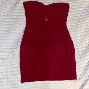 Burgundy strapless mini dress with small cut out in front